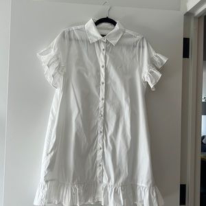 J Crew white poplin ruffle hem and sleeve shirt dress